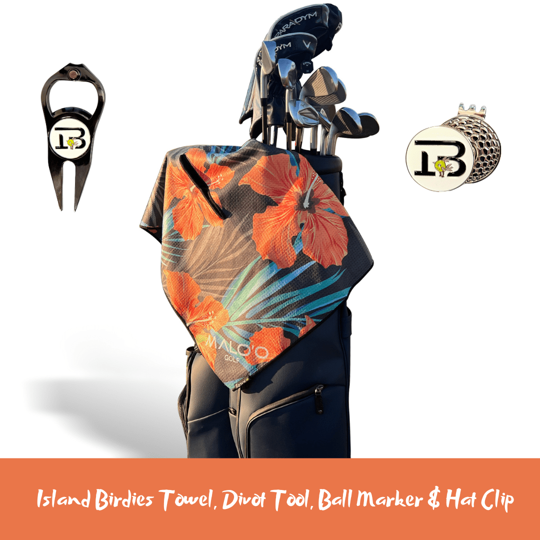 Island Birdies Golf Set (Towel, Divot Tool, Ball Marker & Hat Clip) - Malo'o Racks